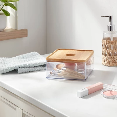 Small Clear Canister With Bamboo Lid - Brightroom™: Bathroom Container, Qtip Holder, Spot Clean, 3" Height 3 Small Clear Canister With Bamboo Lid - Brightroom™: Bathroom Container, Qtip Holder, Spot Clean, 3" Height