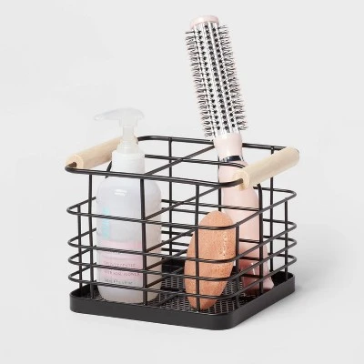 Divided Wire Caddy Basket With Wood Handle Black - Brightroom™ 4 Divided Wire Caddy Basket With Wood Handle Black - Brightroom™ - Image 2