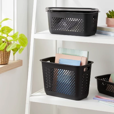 Narrow Large Decorative Plastic Bin Black - Brightroom™: Modern Storage With Cut-Out Handles, 13" Cube Compatible 3 Narrow Large Decorative Plastic Bin Black - Brightroom™: Modern Storage With Cut-Out Handles, 13" Cube Compatible