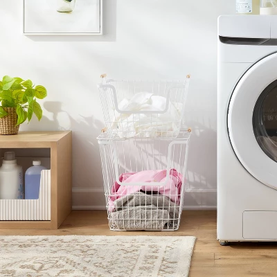 2pk Stacking Wire Laundry Baskets With Wooden Handles - Brightroom™ 3 2pk Stacking Wire Laundry Baskets With Wooden Handles - Brightroom™