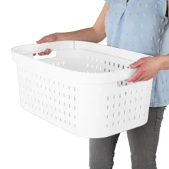 1.5bu Rectangle Modern Laundry Basket - Brightroom™: White Plastic Clothes Basket With Built-In Handles, Medium Size -Organique Store GUEST d6606117 ec93 434a 98af c3a1505ebe2b