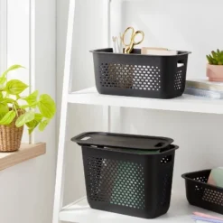 Narrow Medium Decorative Plastic Bin Black - Brightroom™: Modern Storage With Cut-Out Handles, 13" Cube Compatible